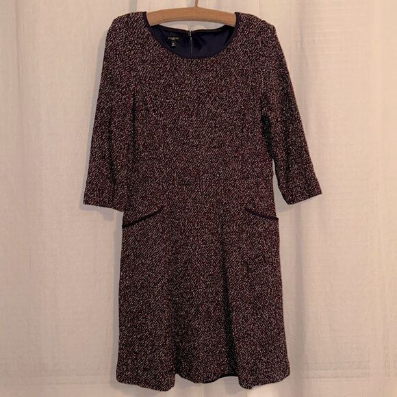 Talbots 16P Boucle Popcorn Knit Cotton Fuchsia Navy White Quarter Sleeve Dress - Picture 1 of 11